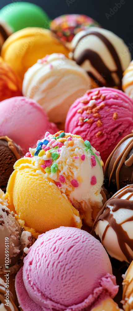 Close-up of colorful ice cream scoops with various flavors and toppings, perfect for summer desserts imagery. Close-up of colorful ice cream scoops with various flavors and toppings, perfect for summer desserts imagery.