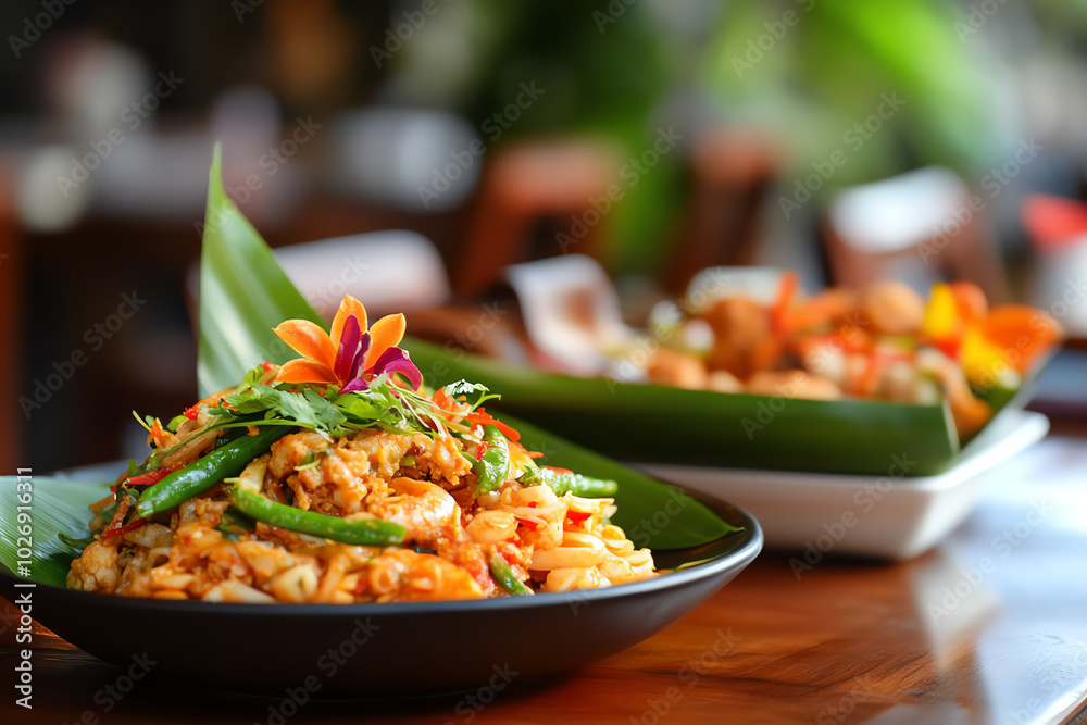 Delicious Asian cuisine with rice and vegetables presented on a black plate garnished with a flower, ideal for food promotion or menu design. Delicious Asian cuisine with rice and vegetables presented on a black plate garnished with a flower, ideal for food promotion or menu design.