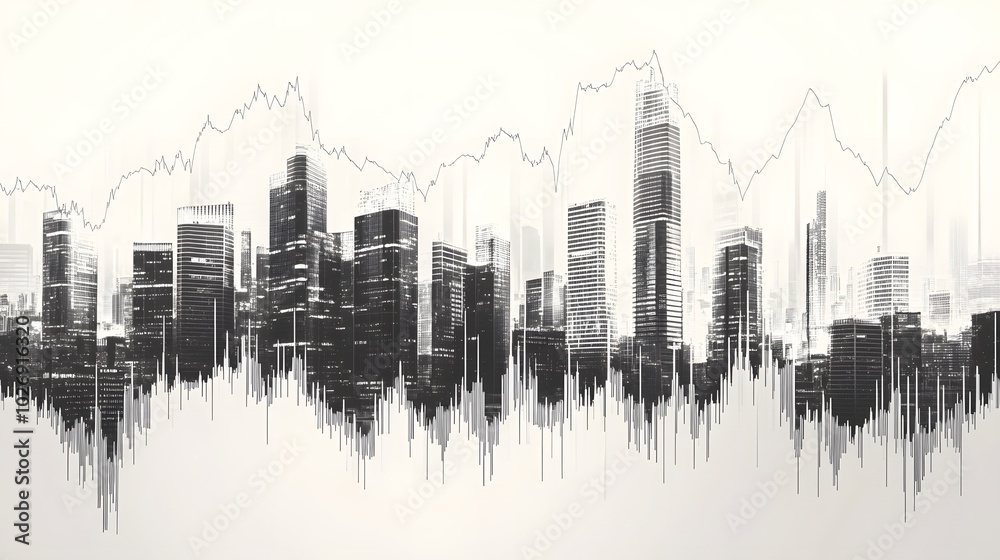 Obraz premium Stock chart climbing steadily with a modern skyline of skyscrapers
