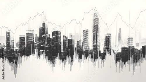 Stock chart climbing steadily with a modern skyline of skyscrapers photo