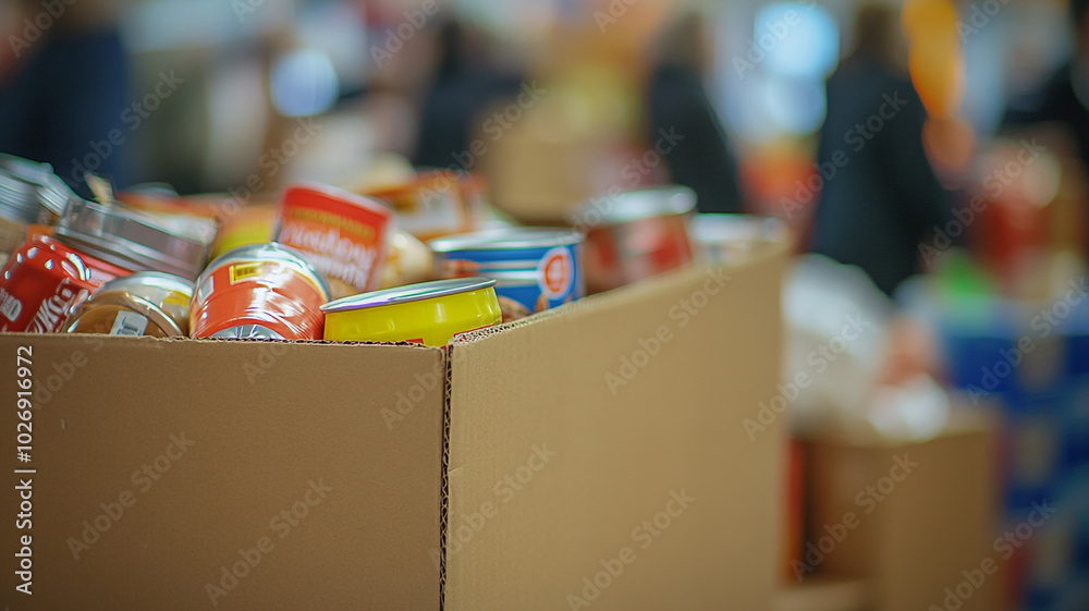Collection of canned food donations in a community center during a food drive event Collection of canned food donations in a community center during a food drive event