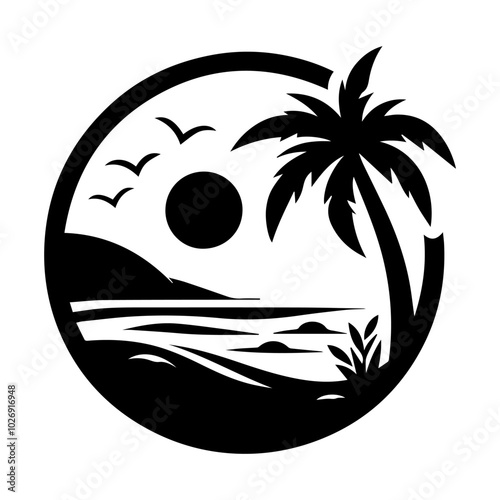 Tropical Beach Silhouette with Palm Tree Birds and Sunset for Logo and T-Shirt Design