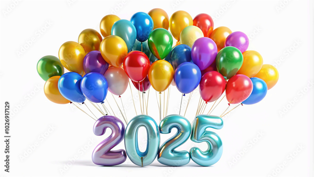 vibrant and festive image of the new year 2025, with a cluster of colorful balloons floating above the silver numbers celebratory scene of the new year, featuring 