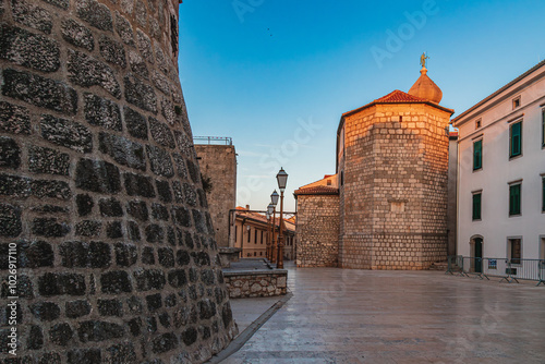 Krk Croatia 28.06.24The walls of the Frankopan fortress at sunrise photo