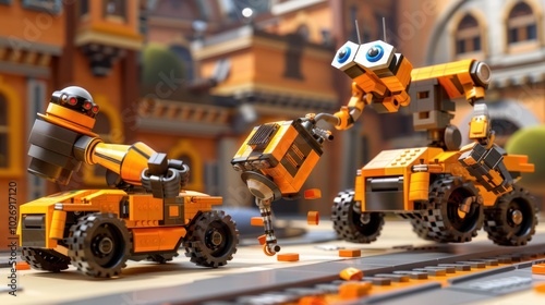 Three Orange Robots Interacting on a Toy City Street