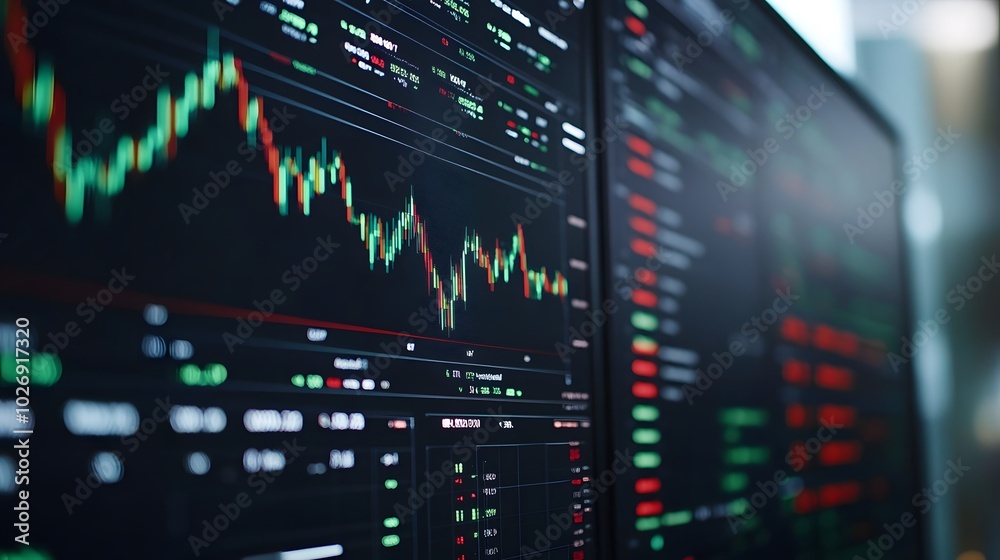 Stock market interface on a monitor showing active trading and market performance Stock market interface on a monitor showing active trading and market performance