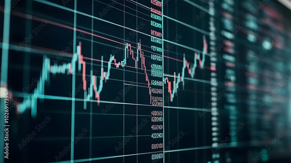 Detailed stock market data with candlestick charts and technical indicators on a trading screen Detailed stock market data with candlestick charts and technical indicators on a trading screen