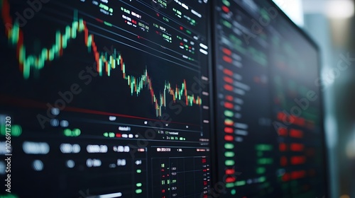 Stock market interface on a monitor showing active trading and market performance