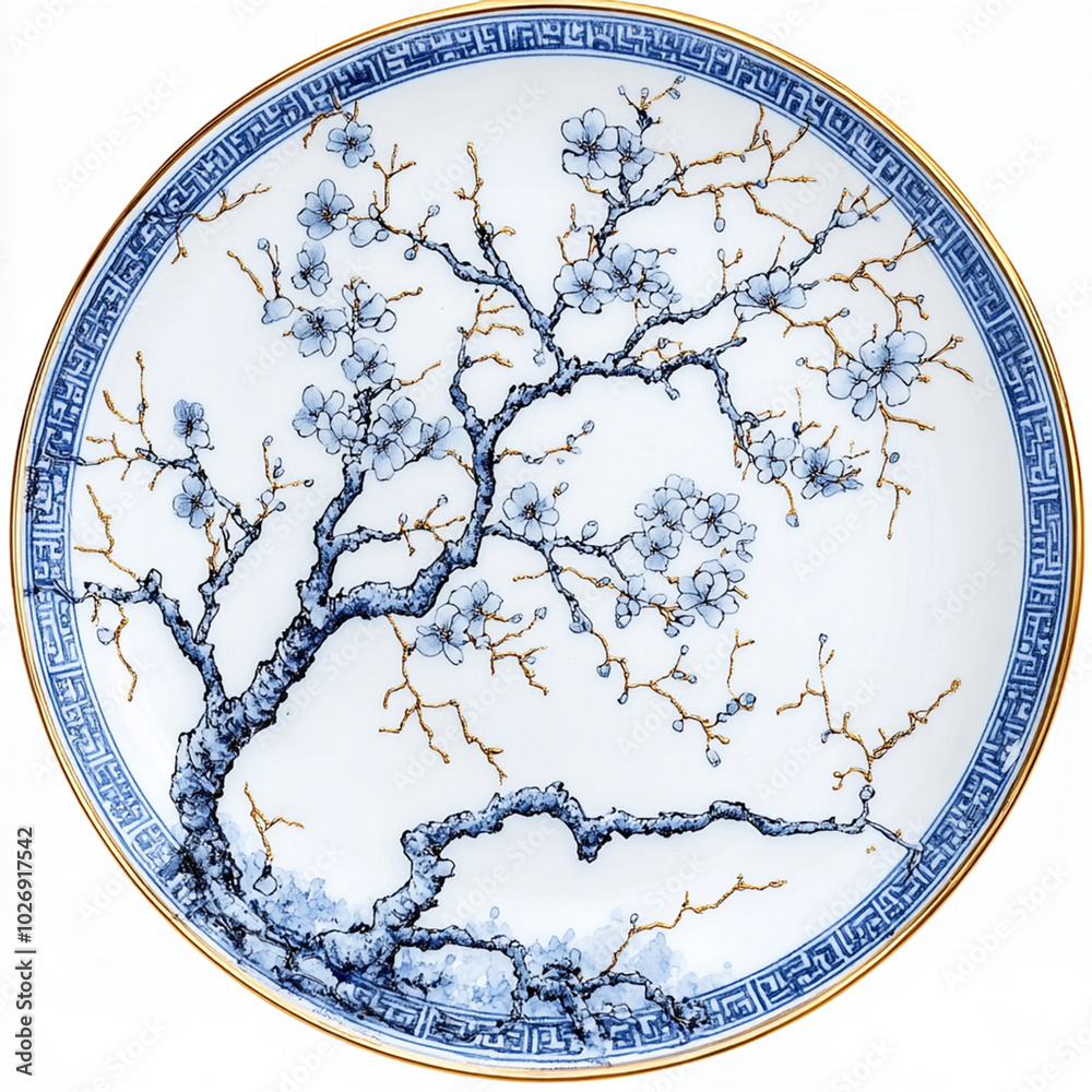 A porcelain dish depicting a cherry blossom tree in Chinese silk thread style with fine details. A porcelain dish depicting a cherry blossom tree in Chinese silk thread style with fine details.