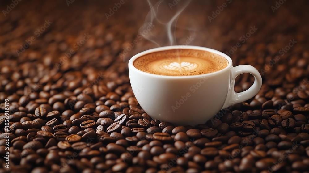 Obraz premium Coffee cup with steam on coffee beans.