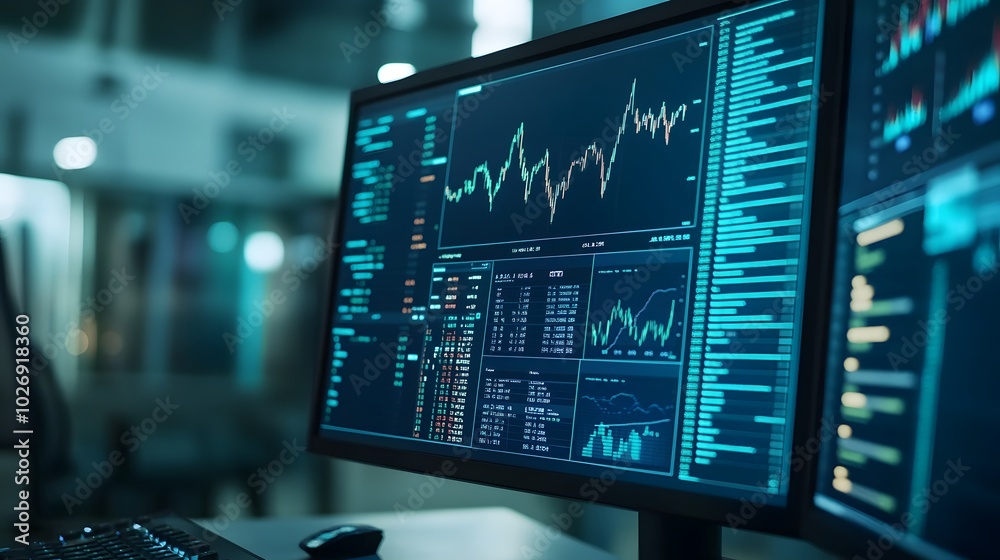 Financial dashboard with stock trading graphs and order book visible on a computer monitor Financial dashboard with stock trading graphs and order book visible on a computer monitor