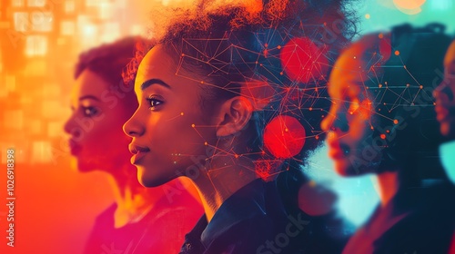 Profile view of diverse women in vibrant colors