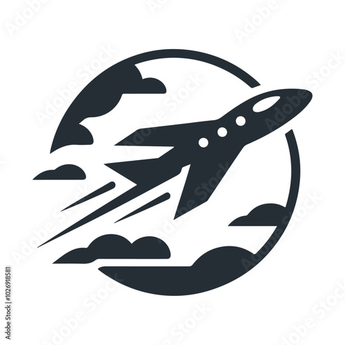 Black silhouette vector icon design of a speedy flying war jet airplane