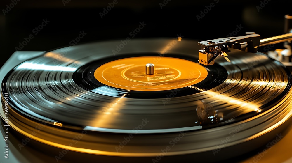 Close-up of a vinyl record spinning on a turntable. Close-up of a vinyl record spinning on a turntable.