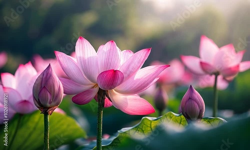 A serene scene of blooming lotus flowers in soft sunlight. photo