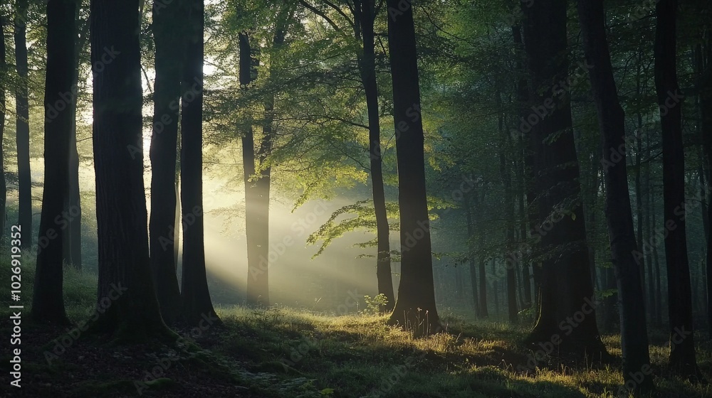 Fototapeta premium Enchanting Forest Sunbeams - Serene Nature Landscape