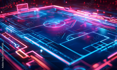 Dynamic Neon Football Action with Futuristic Geometric Patterns and Vibrant Light Trails for High-Energy Sports Advertising Backgrounds