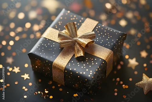 Elegant Gift Box with Golden Accents Surrounded by Festive Confetti