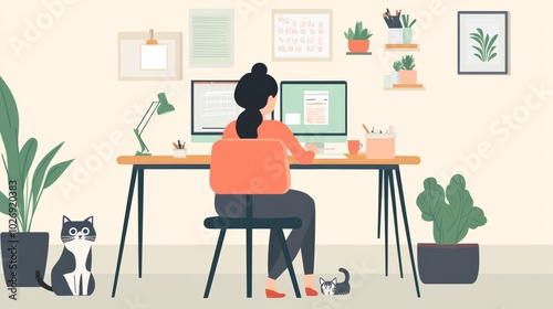 A woman sits at her desk working on her computer with a cat sitting beside her.