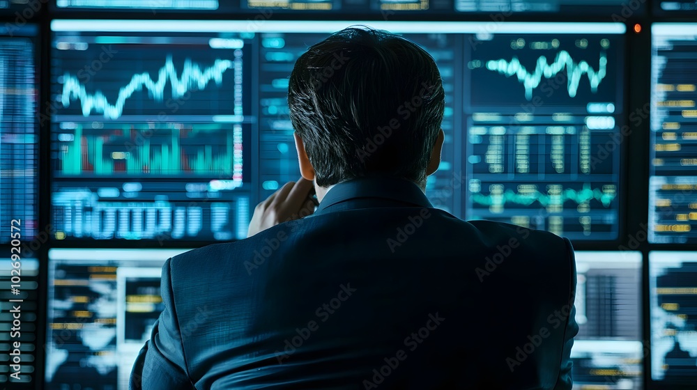 Stock market analyst in formal attire focused on market trends on a large monitor in an office Stock market analyst in formal attire focused on market trends on a large monitor in an office