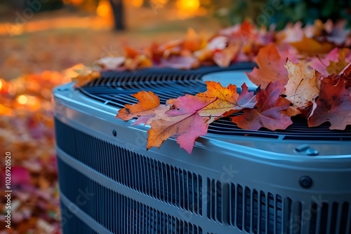 Autumn Leaves Resting on an Air Conditioning Unit Amidst a Colorful Fall Landscape