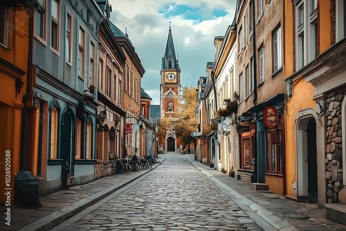 Charming Street with Historic Architecture and Towering Clock Tower