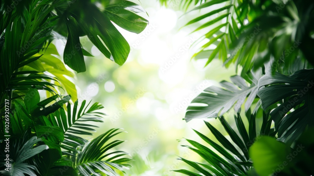Fototapeta premium Lush green tropical leaves with sunlight filtering through, giving a refreshing and vibrant look of nature.