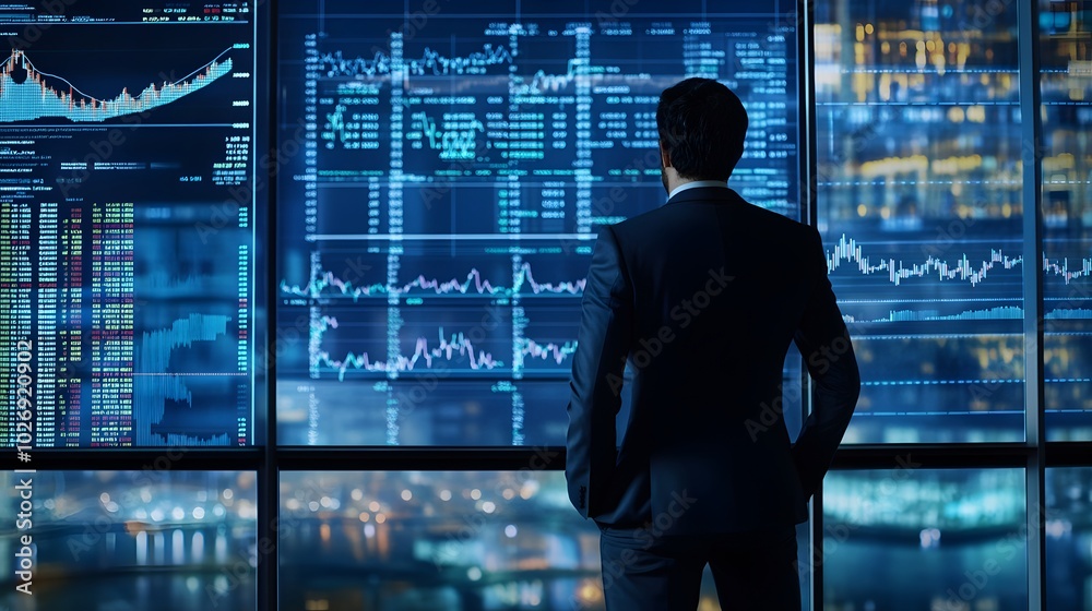 Businessman in a suit tracking stock market changes on a large computer screen in an office Businessman in a suit tracking stock market changes on a large computer screen in an office