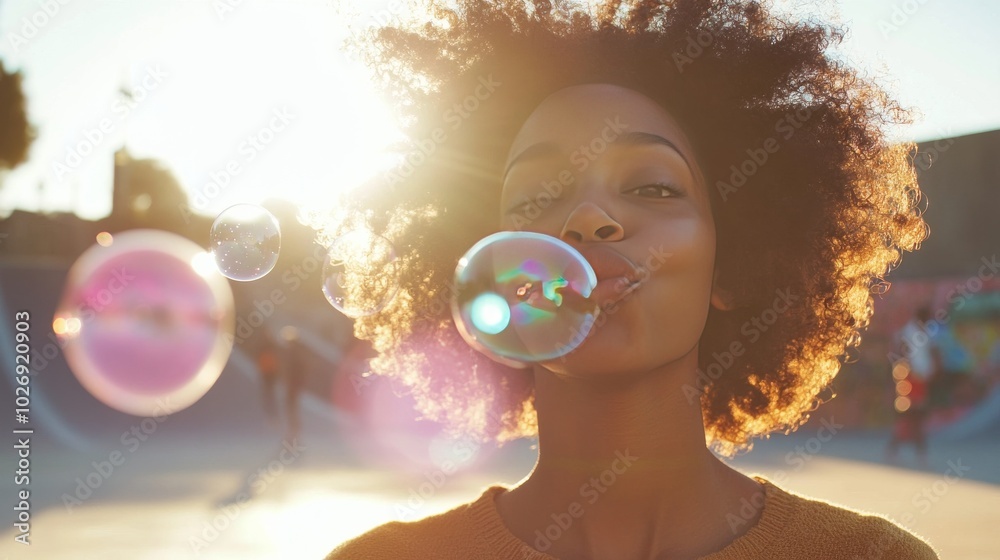 Afro girl blowing bubble in skatepark sunlight Afro girl blowing bubble in skatepark sunlight