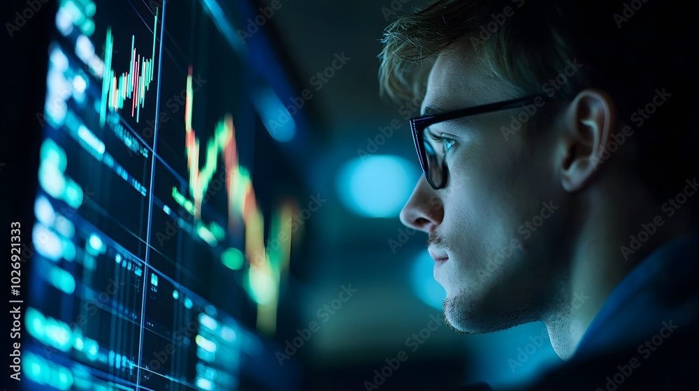 Stock analyst in an office environment focused on detailed market graphs on a large screen Stock analyst in an office environment focused on detailed market graphs on a large screen