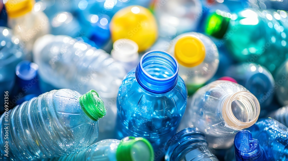 A close-up of various discarded plastic bottles, showcasing the colorful caps and recycling potential in environmental awareness. A close-up of various discarded plastic bottles, showcasing the colorful caps and recycling potential in environmental awareness.
