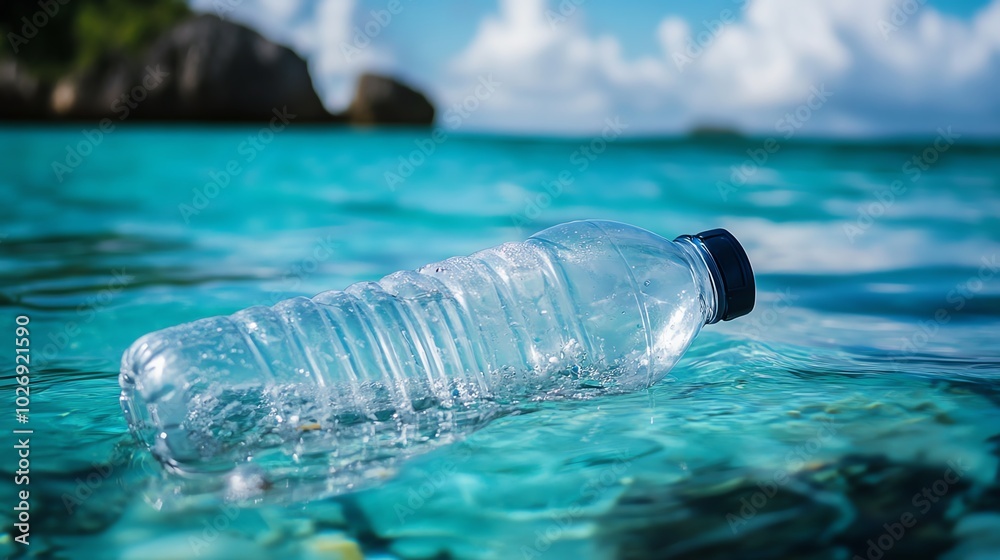A plastic water bottle floats on clear blue water, symbolizing pollution and environmental concerns in natural settings. A plastic water bottle floats on clear blue water, symbolizing pollution and environmental concerns in natural settings.
