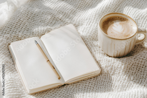 Flat-lay shot of a clean desk with open journal pen and cup of coffee with light steam in soft morning sunlight
