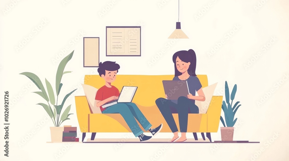 Mother and son do homework at home using books and laptop. Mother and son do homework at home using books and laptop.