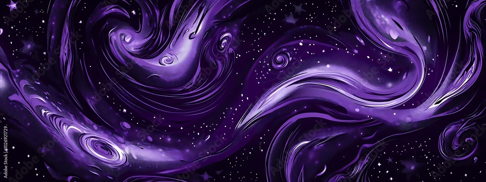 Abstract swirling purple and white pattern on a black background with stars. Abstract swirling purple and white pattern on a black background with stars.