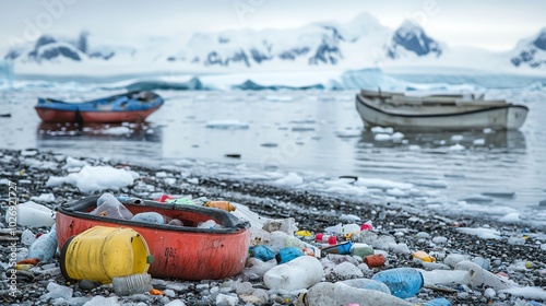 Wallpaper Mural A serene landscape featuring colorful boats and marine debris on a shore, highlighting environmental concerns in a stunning setting. Torontodigital.ca