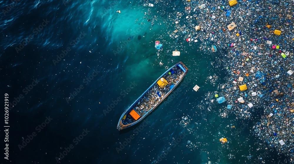 Fototapeta premium An aerial view of a boat surrounded by ocean pollution, highlighting the urgent issue of waste in our waterways.