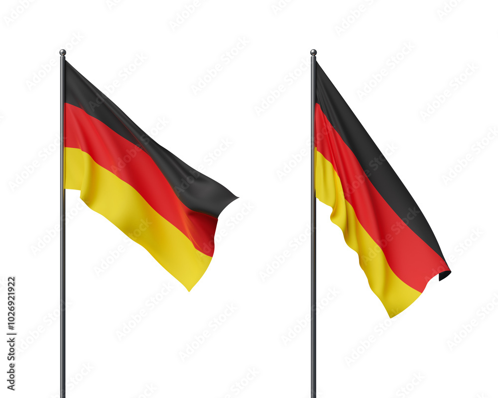 Two German flags blowing in the wind on flagpoles, shown on a white background. Patriotic concept, national celebration, isolated. 3D Rendering Two German flags blowing in the wind on flagpoles, shown on a white background. Patriotic concept, national celebration, isolated. 3D Rendering