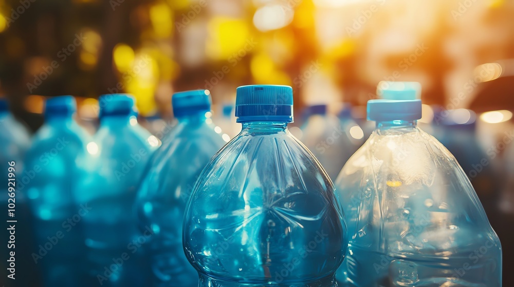 Close-up of blue plastic water bottles lined up in sunlight, showcasing sustainability and environmental concerns. Close-up of blue plastic water bottles lined up in sunlight, showcasing sustainability and environmental concerns.
