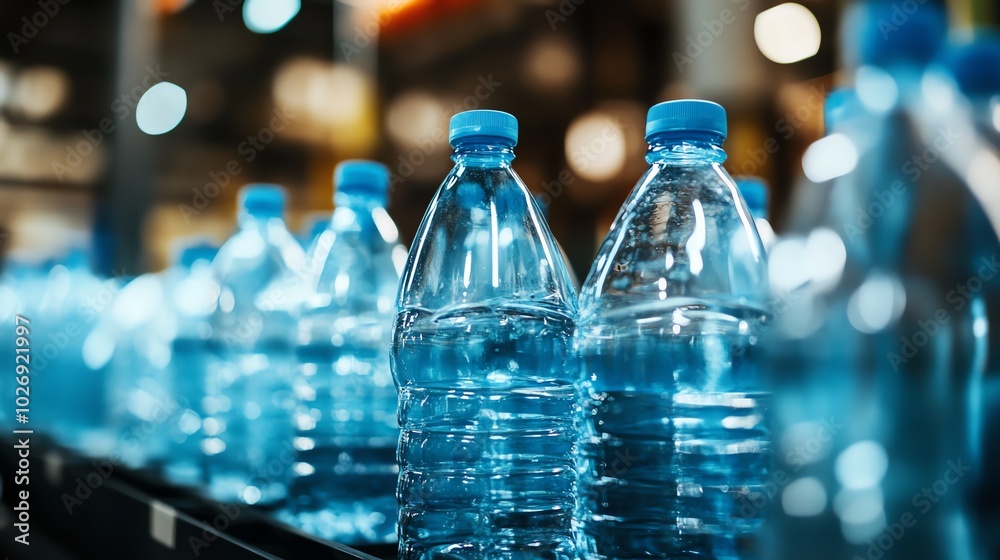 Close-up of clear water bottles with blue caps, showcasing refreshing hydration and eco-friendly packaging in a retail environment. Close-up of clear water bottles with blue caps, showcasing refreshing hydration and eco-friendly packaging in a retail environment.