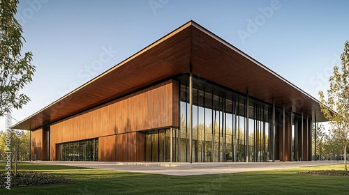 Modern wooden building with glass facade