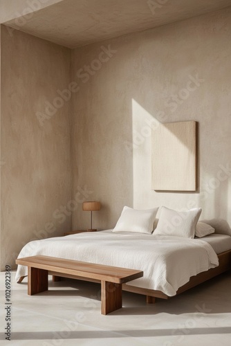 Japandi-style bedroom combining natural materials, a neutral color palette, and a minimalist design approach