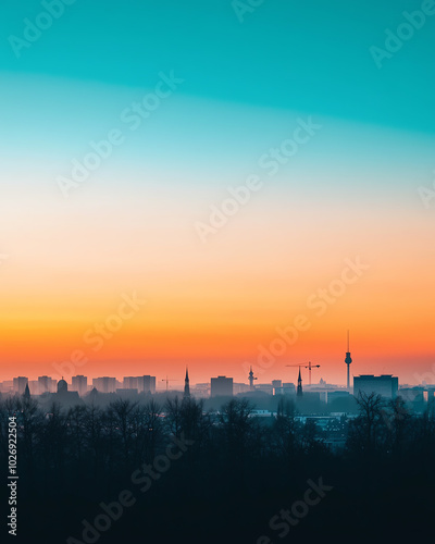 City skyline at dawn with vibrant colors and silhouettes of buildings.