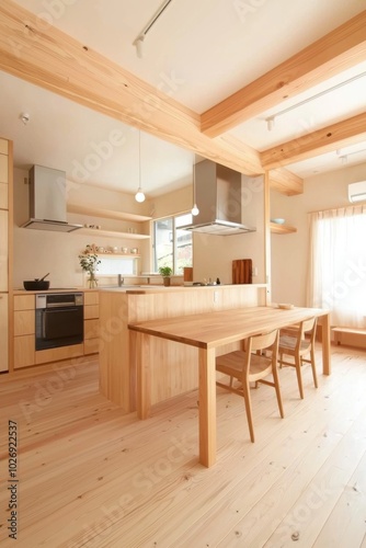 Japandi kitchen combining clean lines, wooden textures, and minimalist appliances for a serene cooking space