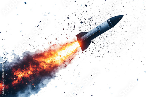Missile Launch With Fiery Trail and Debris isolated on a transparent background