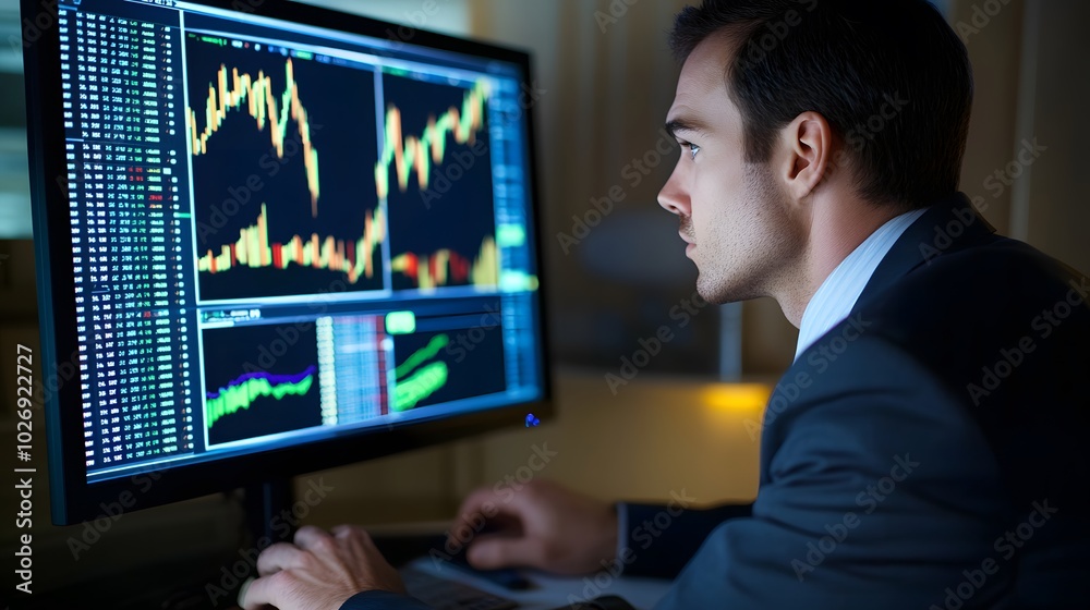 Investor in formal attire analyzing stock trends on a widescreen monitor in an office setting Investor in formal attire analyzing stock trends on a widescreen monitor in an office setting