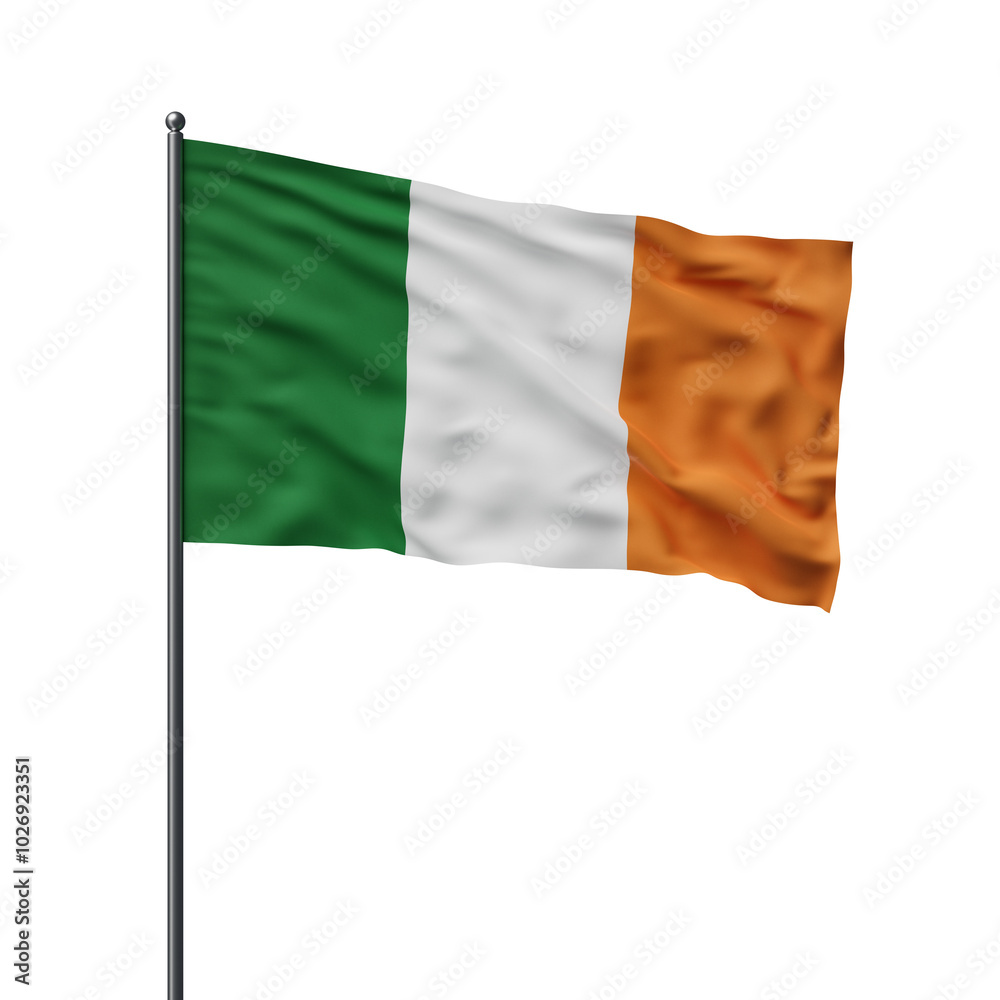 The Irish flag is displayed on a flagpole, waving against a white background, with vibrant green, white, and orange colors. 3D Rendering The Irish flag is displayed on a flagpole, waving against a white background, with vibrant green, white, and orange colors. 3D Rendering