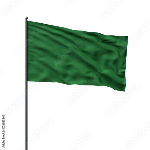 Green flag blowing in the wind on a pole, isolated on a white background, showing a smooth and clean texture. Concept of national identity. 3D Rendering photo