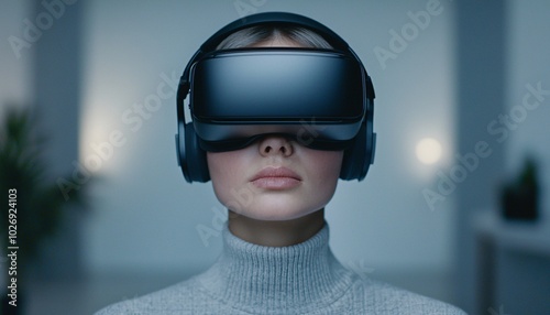 Immersed in Virtual Reality: Close-Up of User Wearing Headset in Brightly Lit Minimalist Room