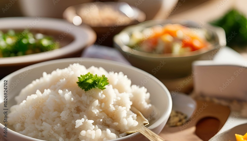 grain rice in wooden bowl. White rice spills out on the wooden table. Food photo, agriculture, Generative AI grain rice in wooden bowl. White rice spills out on the wooden table. Food photo, agriculture, Generative AI